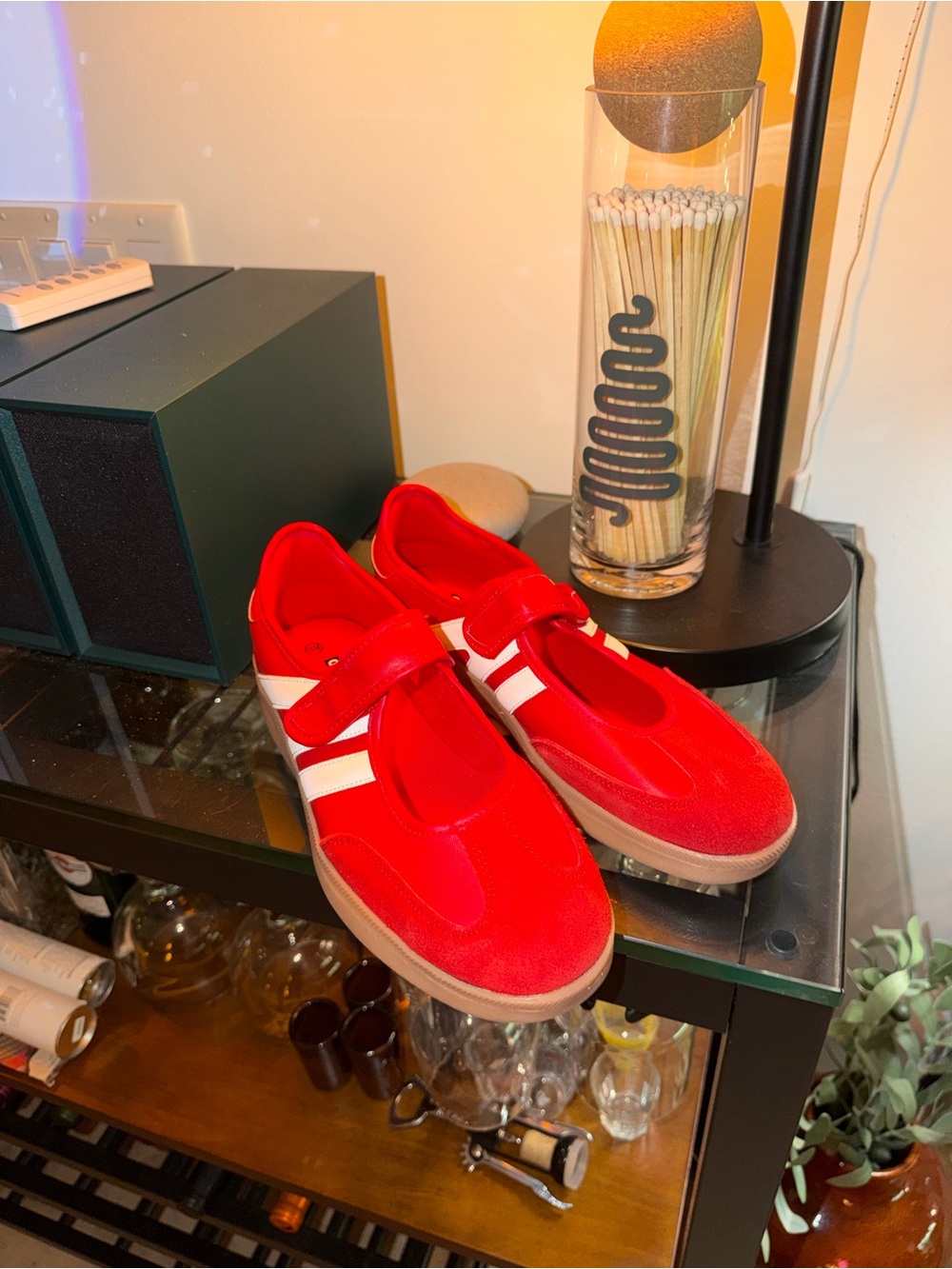 Women’s Red Velcro Strap Sneakers with White Stripe Accents